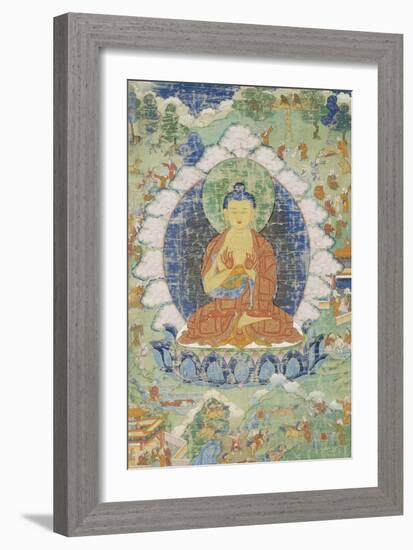 Buddha en vajrapariankasana et vitarka-mudra et scènes illustrant des jâtaka-null-Framed Giclee Print