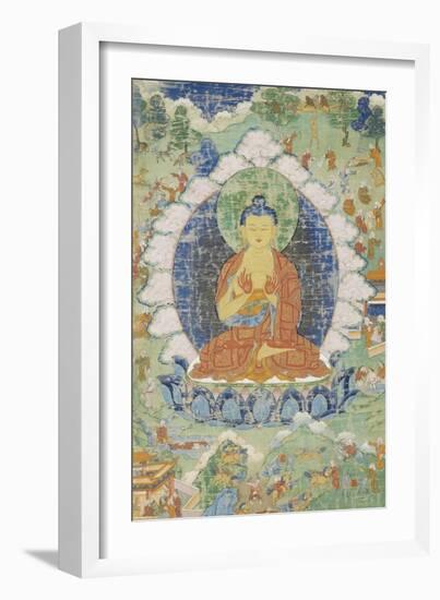 Buddha en vajrapariankasana et vitarka-mudra et scènes illustrant des jâtaka-null-Framed Giclee Print