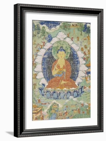 Buddha en vajrapariankasana et vitarka-mudra et scènes illustrant des jâtaka-null-Framed Giclee Print