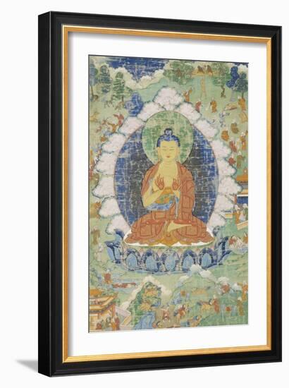 Buddha en vajrapariankasana et vitarka-mudra et scènes illustrant des jâtaka-null-Framed Giclee Print