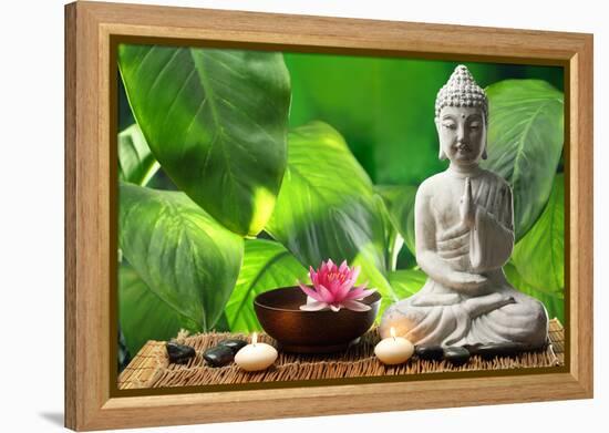 Buddha in Meditation with Lotus Flower and Burning Candles-Liang Zhang-Framed Premier Image Canvas
