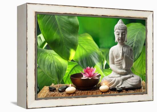 Buddha in Meditation with Lotus Flower and Burning Candles-Liang Zhang-Framed Premier Image Canvas