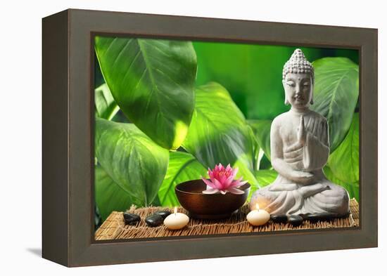 Buddha in Meditation with Lotus Flower and Burning Candles-Liang Zhang-Framed Premier Image Canvas