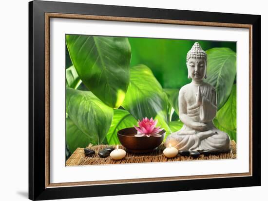 Buddha in Meditation with Lotus Flower and Burning Candles-Liang Zhang-Framed Photographic Print