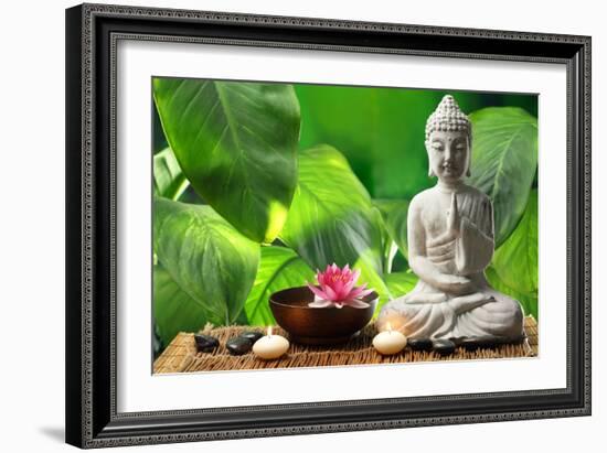 Buddha in Meditation with Lotus Flower and Burning Candles-Liang Zhang-Framed Photographic Print