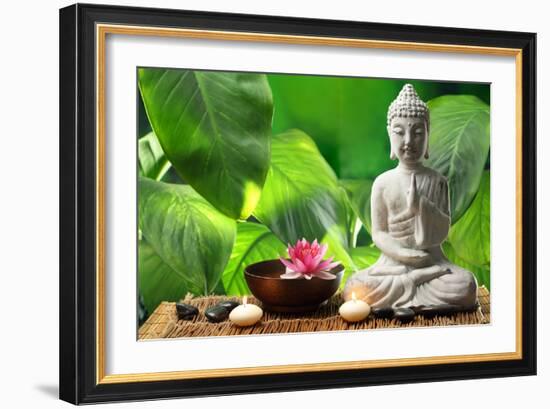 Buddha in Meditation with Lotus Flower and Burning Candles-Liang Zhang-Framed Photographic Print