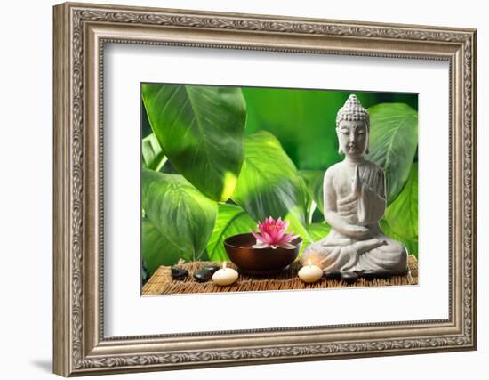 Buddha in Meditation with Lotus Flower and Burning Candles-Liang Zhang-Framed Photographic Print