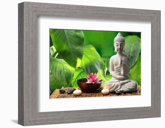 Buddha in Meditation with Lotus Flower and Burning Candles-Liang Zhang-Framed Photographic Print