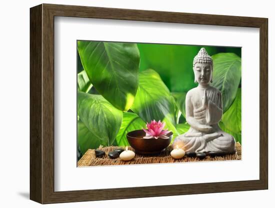 Buddha in Meditation with Lotus Flower and Burning Candles-Liang Zhang-Framed Photographic Print