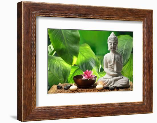 Buddha in Meditation with Lotus Flower and Burning Candles-Liang Zhang-Framed Photographic Print