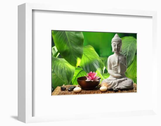 Buddha in Meditation with Lotus Flower and Burning Candles-Liang Zhang-Framed Photographic Print