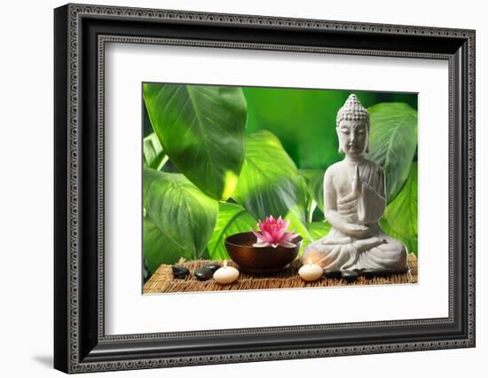 Buddha in Meditation with Lotus Flower and Burning Candles-Liang Zhang-Framed Photographic Print