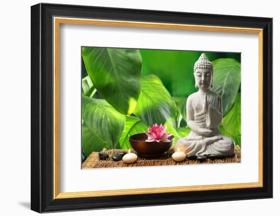 Buddha in Meditation with Lotus Flower and Burning Candles-Liang Zhang-Framed Photographic Print