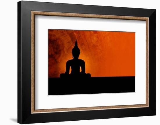 Buddha Silhouette & Red Sunset-null-Framed Premium Giclee Print