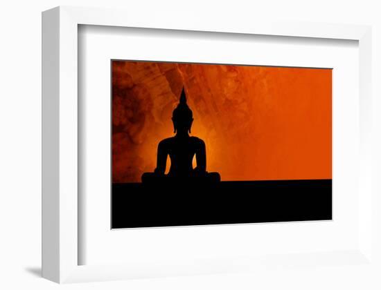 Buddha Silhouette & Red Sunset-null-Framed Premium Giclee Print