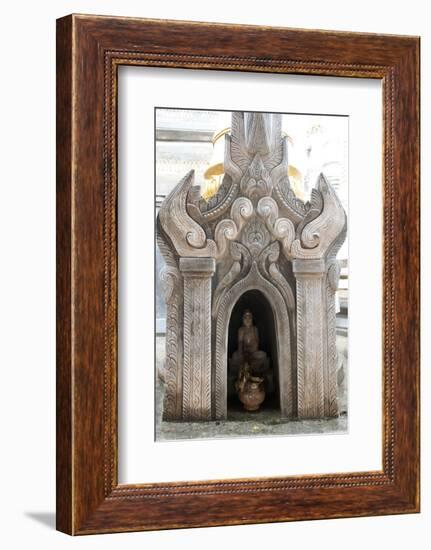 Buddha Statue and Water Pot Left by Buddhist Devotee Inside Shrine-Annie Owen-Framed Photographic Print