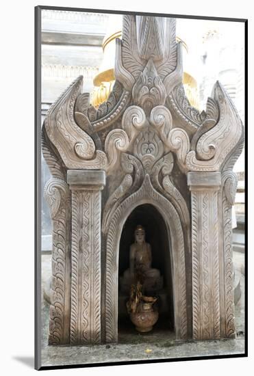 Buddha Statue and Water Pot Left by Buddhist Devotee Inside Shrine-Annie Owen-Mounted Photographic Print