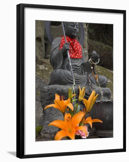 Buddha with Red Scarf and Fresh Flowers, Daisho in Temple, Miyajima, Honshu, Japan-Simanor Eitan-Framed Photographic Print