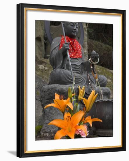 Buddha with Red Scarf and Fresh Flowers, Daisho in Temple, Miyajima, Honshu, Japan-Simanor Eitan-Framed Photographic Print