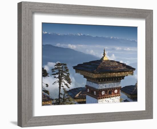 Buddhist Chorten, Dochula Pass, Himalayan Mountain Range in Distance, Bhutan, Asia-Kim Walker-Framed Photographic Print
