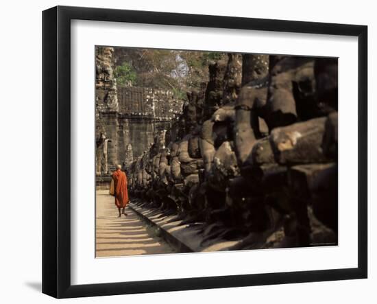 Buddhist Monk Approaching South Gate, Angkor Thom, Angkor, Cambodia, Indochina-Andrew Mcconnell-Framed Photographic Print