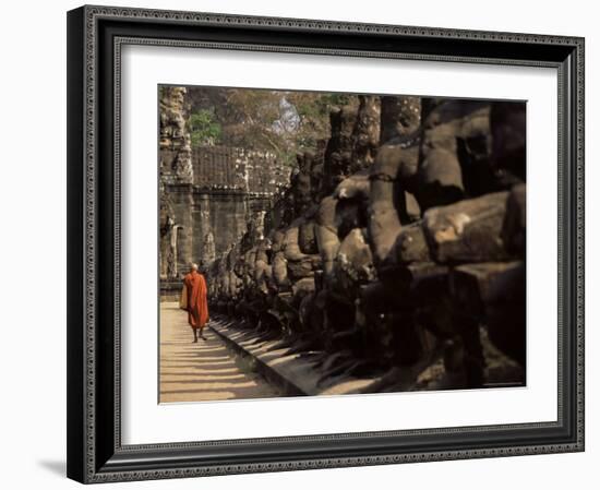 Buddhist Monk Approaching South Gate, Angkor Thom, Angkor, Cambodia, Indochina-Andrew Mcconnell-Framed Photographic Print