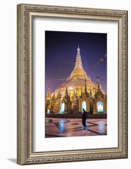 Buddhist Monk at Shwedagon Pagoda (Shwedagon Zedi Daw) (Golden Pagoda) at Night, Myanmar (Burma)-Matthew Williams-Ellis-Framed Photographic Print