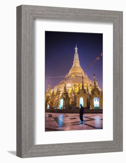 Buddhist Monk at Shwedagon Pagoda (Shwedagon Zedi Daw) (Golden Pagoda) at Night, Myanmar (Burma)-Matthew Williams-Ellis-Framed Photographic Print