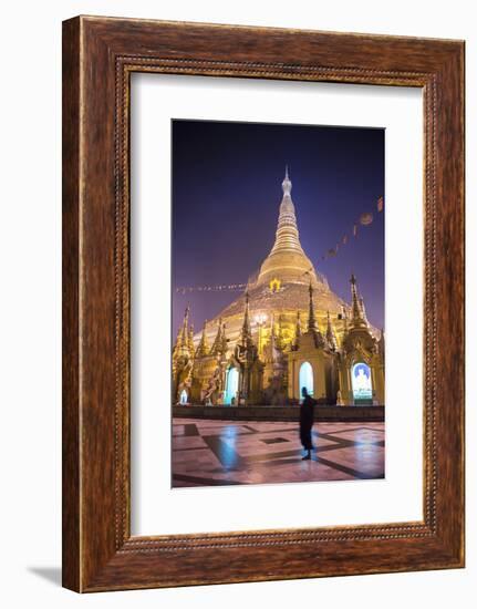 Buddhist Monk at Shwedagon Pagoda (Shwedagon Zedi Daw) (Golden Pagoda) at Night, Myanmar (Burma)-Matthew Williams-Ellis-Framed Photographic Print