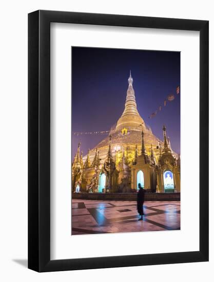 Buddhist Monk at Shwedagon Pagoda (Shwedagon Zedi Daw) (Golden Pagoda) at Night, Myanmar (Burma)-Matthew Williams-Ellis-Framed Photographic Print