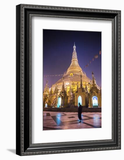 Buddhist Monk at Shwedagon Pagoda (Shwedagon Zedi Daw) (Golden Pagoda) at Night, Myanmar (Burma)-Matthew Williams-Ellis-Framed Photographic Print