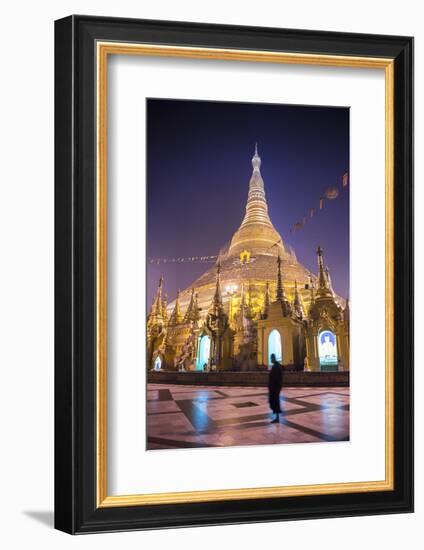 Buddhist Monk at Shwedagon Pagoda (Shwedagon Zedi Daw) (Golden Pagoda) at Night, Myanmar (Burma)-Matthew Williams-Ellis-Framed Photographic Print