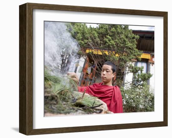 Buddhist Monk Burning Incense, Sey Lhakhang Temple, Bumthang, Bhutan,Asia-Angelo Cavalli-Framed Photographic Print