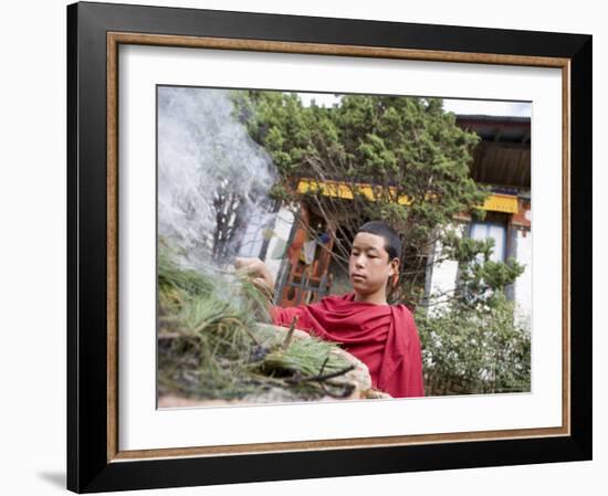 Buddhist Monk Burning Incense, Sey Lhakhang Temple, Bumthang, Bhutan,Asia-Angelo Cavalli-Framed Photographic Print