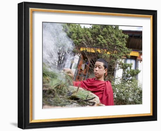 Buddhist Monk Burning Incense, Sey Lhakhang Temple, Bumthang, Bhutan,Asia-Angelo Cavalli-Framed Photographic Print