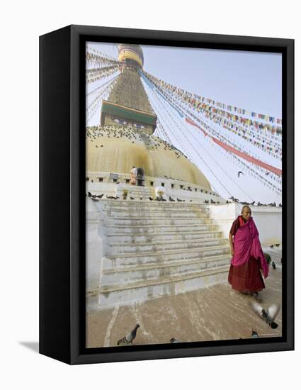 Buddhist Monk Descends the Steps of Boudha, the Tibetan Stupa in Kathmandu, Nepal-Don Smith-Framed Premier Image Canvas