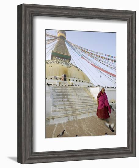 Buddhist Monk Descends the Steps of Boudha, the Tibetan Stupa in Kathmandu, Nepal-Don Smith-Framed Photographic Print