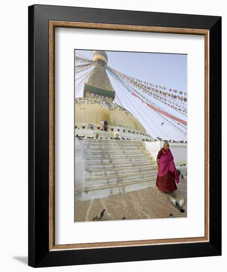 Buddhist Monk Descends the Steps of Boudha, the Tibetan Stupa in Kathmandu, Nepal-Don Smith-Framed Photographic Print