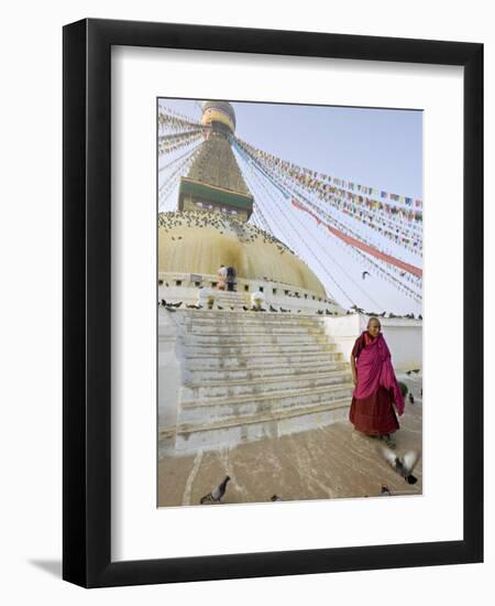Buddhist Monk Descends the Steps of Boudha, the Tibetan Stupa in Kathmandu, Nepal-Don Smith-Framed Photographic Print