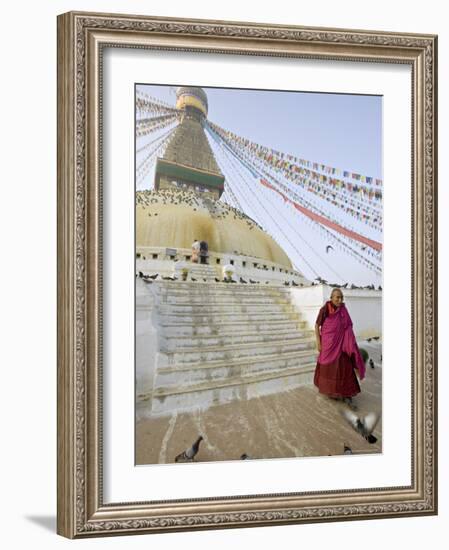 Buddhist Monk Descends the Steps of Boudha, the Tibetan Stupa in Kathmandu, Nepal-Don Smith-Framed Photographic Print