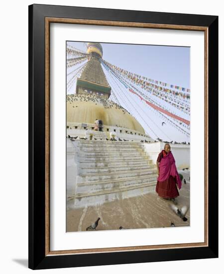 Buddhist Monk Descends the Steps of Boudha, the Tibetan Stupa in Kathmandu, Nepal-Don Smith-Framed Photographic Print