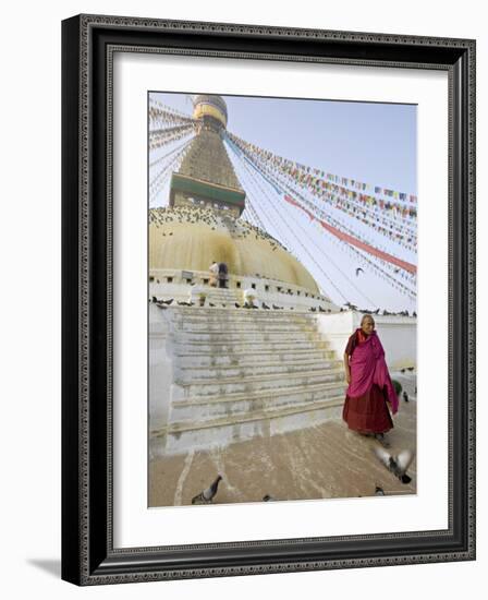 Buddhist Monk Descends the Steps of Boudha, the Tibetan Stupa in Kathmandu, Nepal-Don Smith-Framed Photographic Print