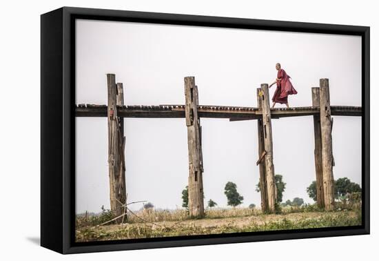 Buddhist Monk on U Bein Teak Bridge, Myanmar (Burma)-Matthew Williams-Ellis-Framed Premier Image Canvas