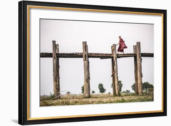 Buddhist Monk on U Bein Teak Bridge, Myanmar (Burma)-Matthew Williams-Ellis-Framed Photographic Print