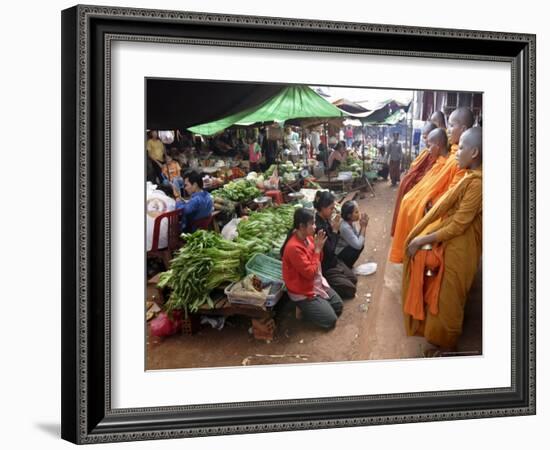 Buddhist Monks Collecting Alms in the Market Town of Phum Swai Chreas, Eastern Cambodia, Indochina-Andrew Mcconnell-Framed Photographic Print