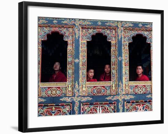 Buddhist Monks Look Through the Windows into the Courtyard of the Tango Monestary Near Thimphu-null-Framed Photographic Print