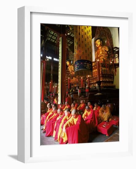 Buddhist Monks Worshipping in the Grand Hall, Jade Buddha Temple (Yufo Si), Shanghai, China-Gavin Hellier-Framed Photographic Print