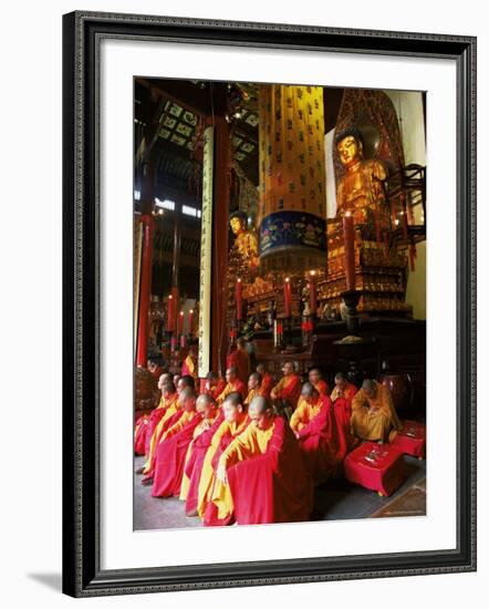 Buddhist Monks Worshipping in the Grand Hall, Jade Buddha Temple (Yufo Si), Shanghai, China-Gavin Hellier-Framed Photographic Print