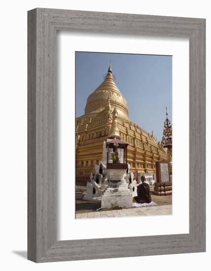 Buddhist Nun Meditating by Gold Stupa, Shwezigon Paya (Pagoda), Nyaung U-Stephen Studd-Framed Photographic Print