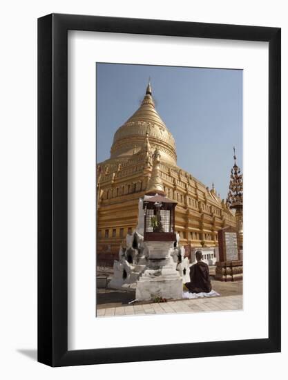 Buddhist Nun Meditating by Gold Stupa, Shwezigon Paya (Pagoda), Nyaung U-Stephen Studd-Framed Photographic Print